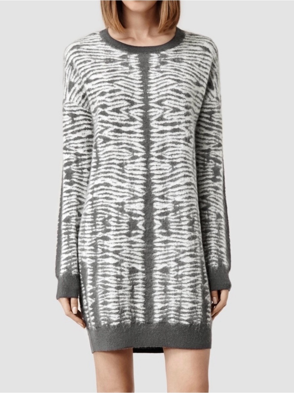 All Saints Grey and White Zebra Print Sweater crewneck Dress Size Small
